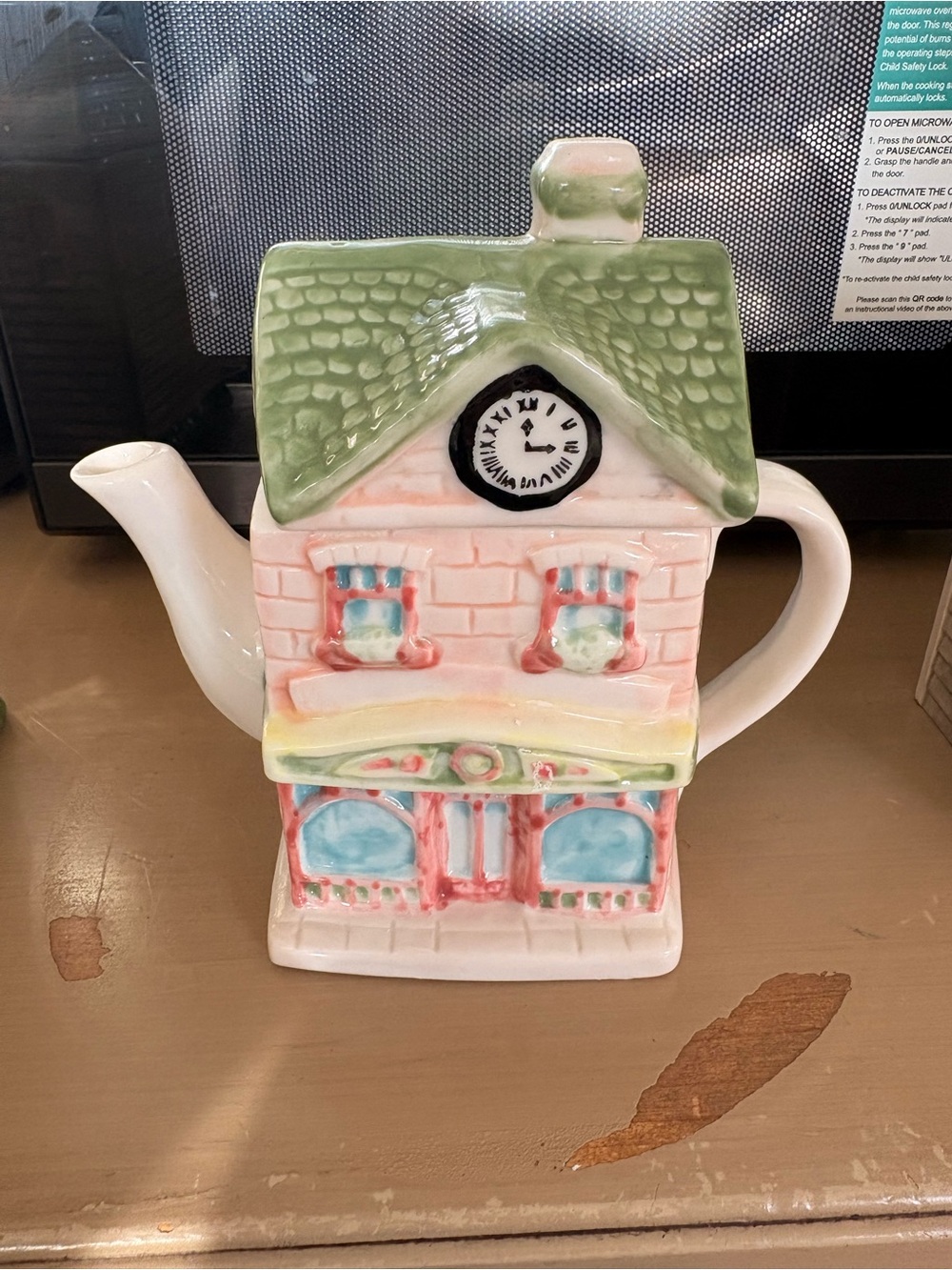 Vintage Cottage House Teapot - Green Roof, Pink & Blue Details